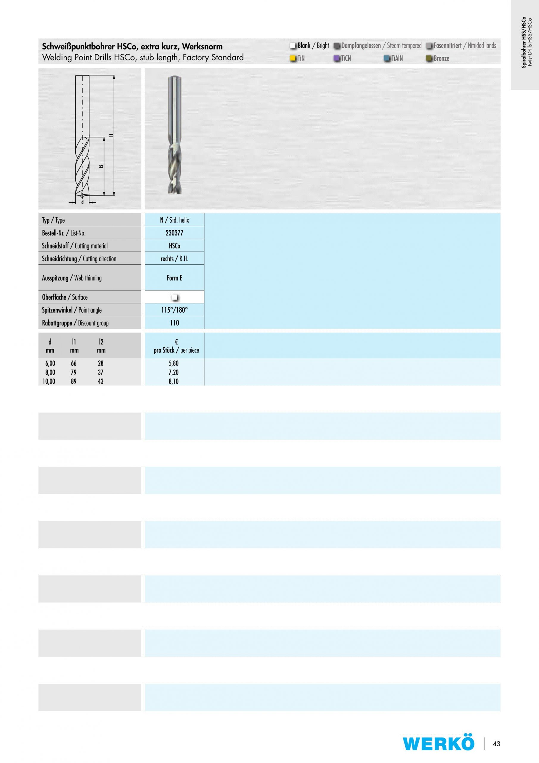 مته جوش نقطهای کبالت دار Werkö HSCo 8mm × 80mm آلمان